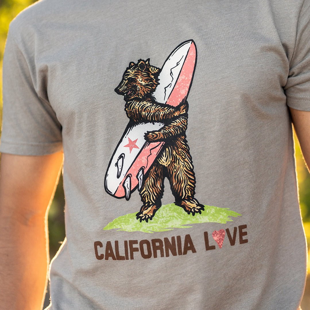 California Love T Shirt Bear Hugging Surfboard